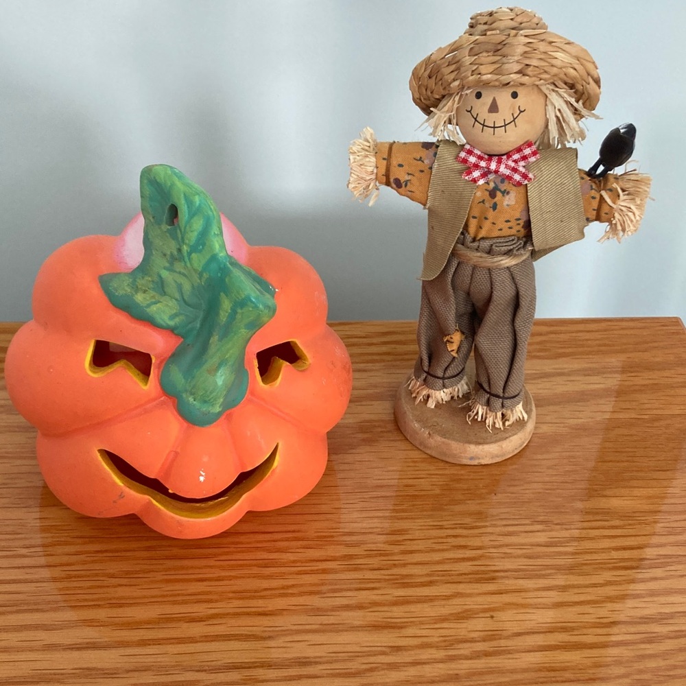 Orange Pumpkin Candle Holder with scarecrow!